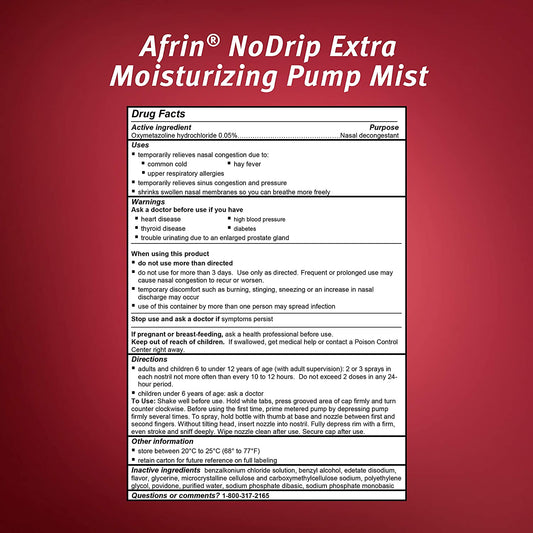 Afrin No Drip Extra Moisturizing 12 Hour Nasal Congestion Relief Pump Mist