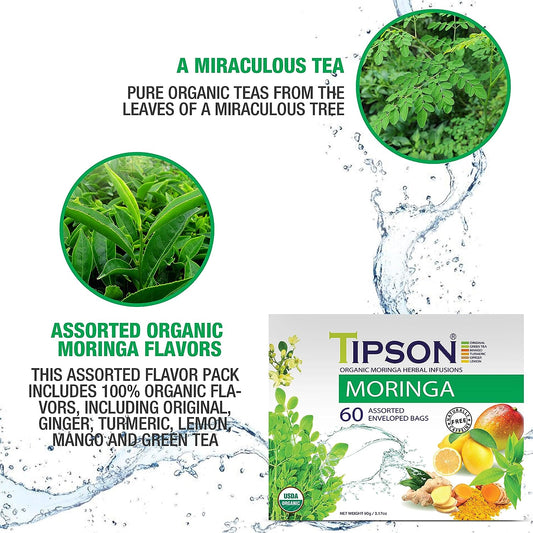 Tipson Organic Moringa Tea - 6 Assorted Flavors - 60 Premium Double Chambered Bags - Caffeine Free - NonGMO - Gluten Free