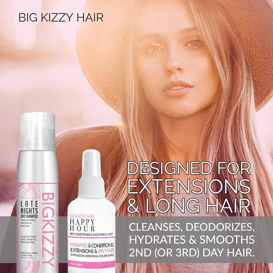 Big Kizzy Best Dry Shampoo & Dry Conditioner Spray for Hair Extensions, Long and Oily Hair Types. Dries Clear - Blonde and Dark Brunette Hair. Adds Weightless No Grit Volume