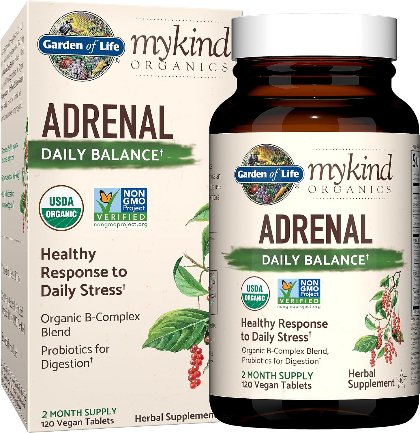 Garden of Life Organics Adrenal Daily Balance, Adaptogenic Herbs Ashwagandha, Holy Basil, B Complex & Probiotics, Organic Non-GMO, Vegan, Gluten Free Supplement, Two Month Supply, 120 Tablets