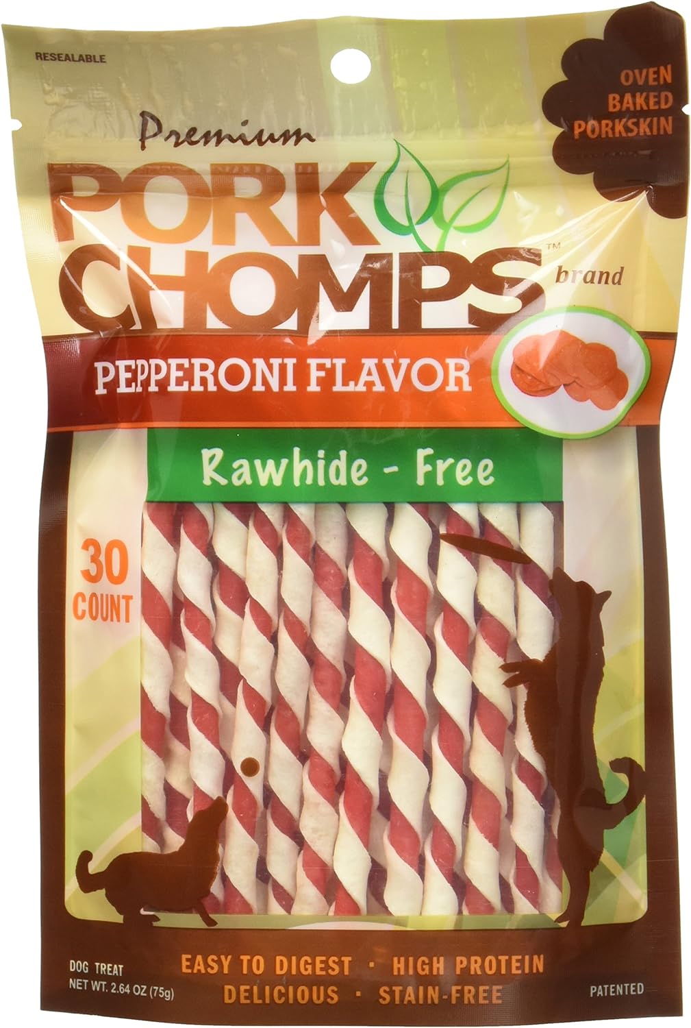 Pork Chomps Baked Pork Skin Dog Chews, 5-inch Mini Twists, Pepperoni Flavor Wrap, 30 Count
