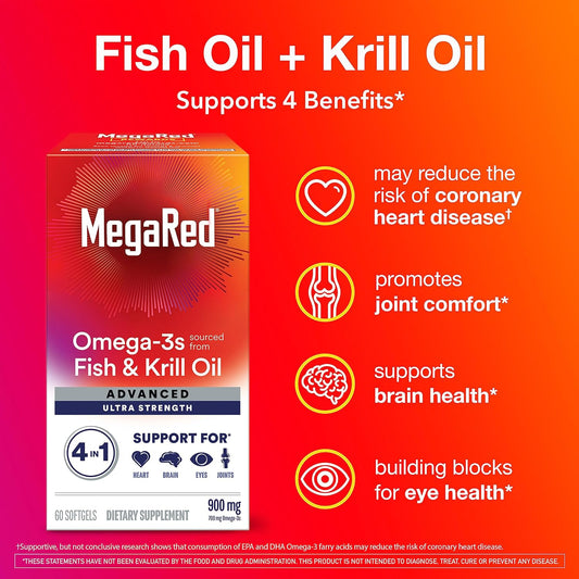 MegaRed Fish Oil + Krill Oil 900mg Omega 3 Supplement with EPA & DHA, Supports Heart, Brain, Joint and Eye Health, No Fi