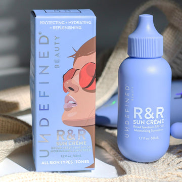 Undefined Beauty R&R Sun Creme Broad Spectrum SPF 50 Moisturizing Sunscreen with Ceramide, CoQ10, Niacinamide, Resveratrol, Licorice Root, Centella to hydrate, replenish, repair and protect dry and dehydrated skin