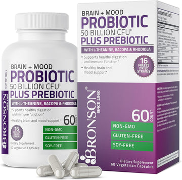 Bronson Brain + Mood Probiotic 50 Billion CFU Plus Prebiotic with L-Th2.43 Ounces