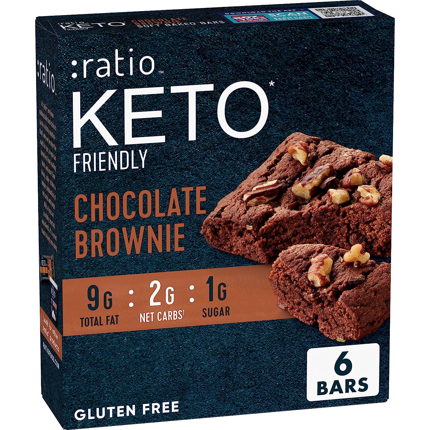 :ratio KETO Friendly Soft Baked Bars, Chocolate Brownie, Keto Snacks, 6 ct