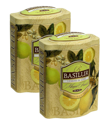 Basilur, Lemon and Lime Citrus Black Tea, Pure Ceylon Black Loose Tea, Lemon Rinds and Actual Fruits, Includes Filters Metal Tin Caddy, Pack of 2