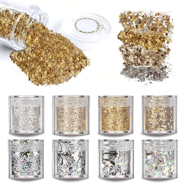 SAIFTRAD Glitter- 8 Jars Gold Silver Holographic Cosmetic Chunky Sequins Glitter Paillette for Body, Face, Eyes, Hair, Nail Art & DIY (Gold, Silver) - with Nail Brush Sponge