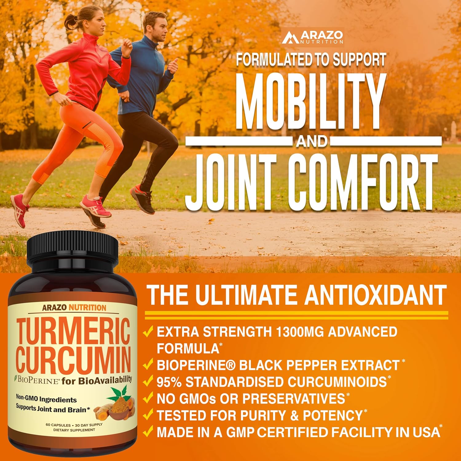 Arazo Nutrition Turmeric Curcumin with BioPerine 1300mg with Black Pep