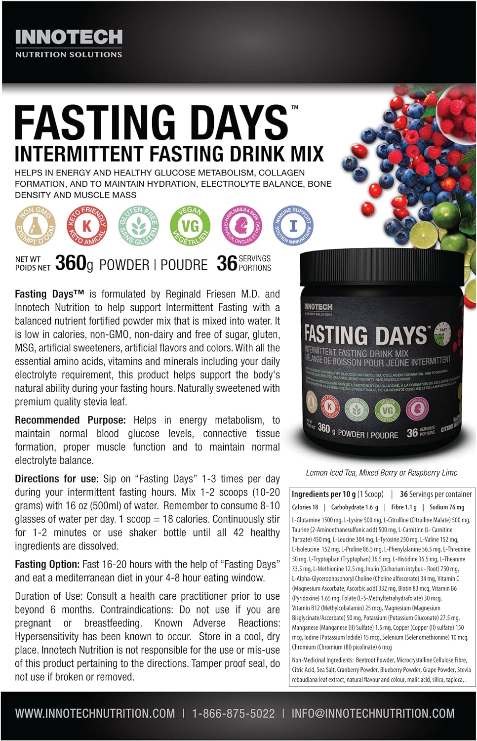 INNOTECH Nutrition: Fasting Days Intermittent Fasting Drink Mix - Rasp