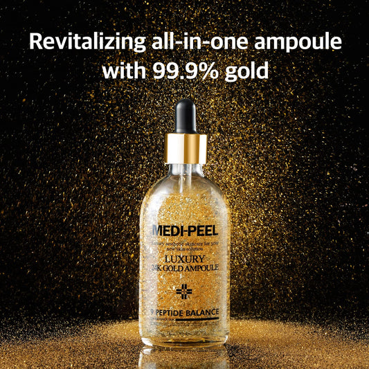 Medi-peel Pure Gold 24K Ampoule 3.38 . / 100 | 99.9% 24K Pure Gold All in One Ampoule, 5 Revitalizing Extracts To Minimize Moisture Loss, Brightens | Korean Skincare, For All Skin Types