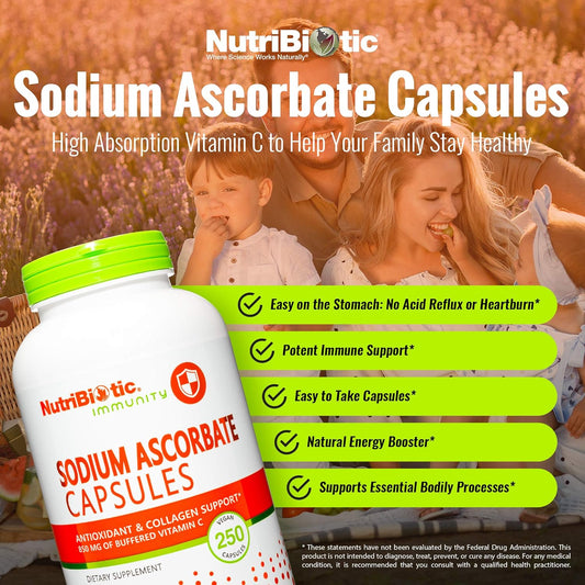 NutriBiotic - Sodium Ascorbate Buffered Vitamin C Capsules, 250 Ct | Vegan, Non-Acidic & Easier on Digestion Than Ascorbic Acid | Essential Immune Support & Antioxidant Supplement | Gluten & GMO Free