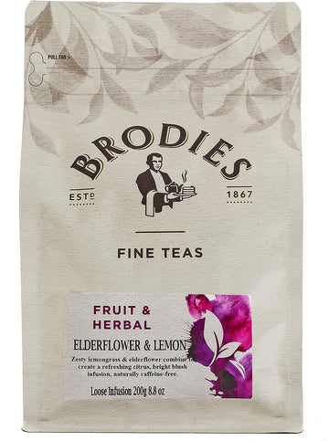 Brodies Tea, Caffeine Free Elderflower & Lemon Herbal Tea, Bag of Loose Leaf Black Tea Imported from Scotland