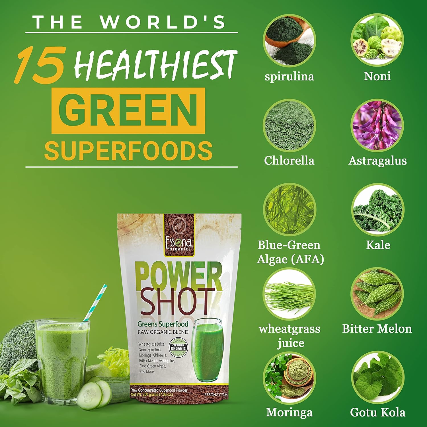 100 % PURE - RAW ORGANIC VEGAN - Power Shot Greens Superfood Blend - S