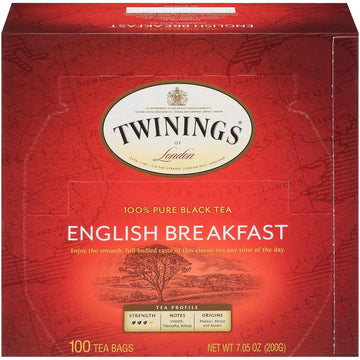 Twinings English Breakfast Black Tea, 100 Individually Wrapped Tea Bags, Smooth, Flavourful, Robust, Caffeinated