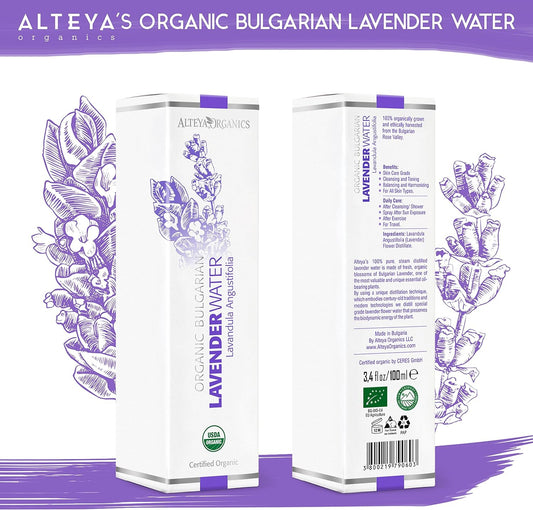 Alteya Organics Lavender Water USDA Certified Organic Facial Toner, 3.4  /100 Pure Bulgarian Lavandula Angustifolia ower Water, Award-Winning Moisturizer BPA-Free Spray Bottle