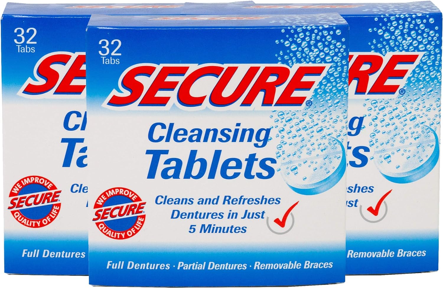 Secure Cleansing Tablets Zinc Free PH Formula Removes Odors, Stains, Bacteria, Germs - Clean Dentures, Partials & Removable Braces - 32 Tablets (Pack of 3)