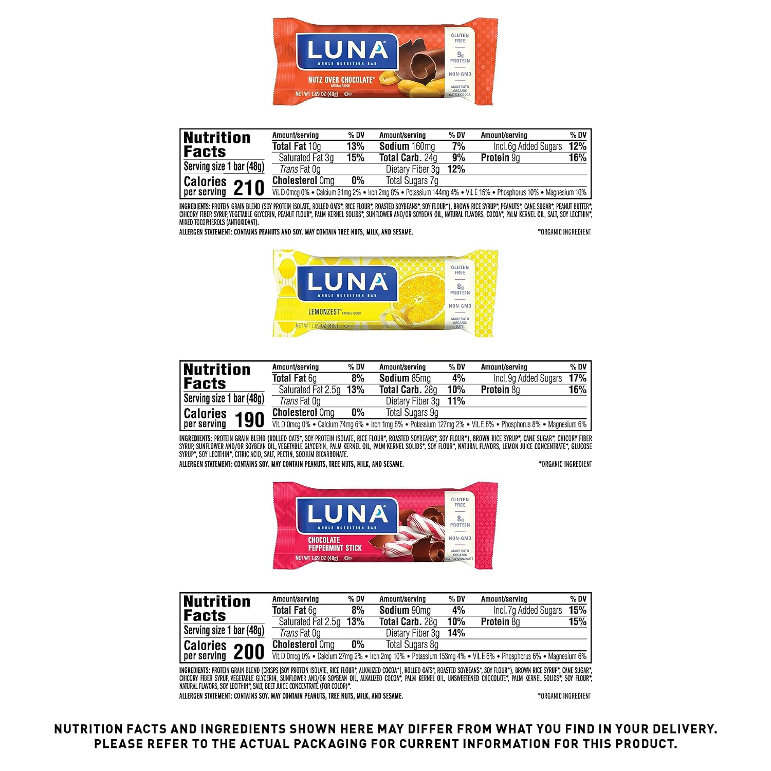 LUNA Bar - Variety Pack - Gluten-Free - Non-GMO - 7-9g Protein - Made 