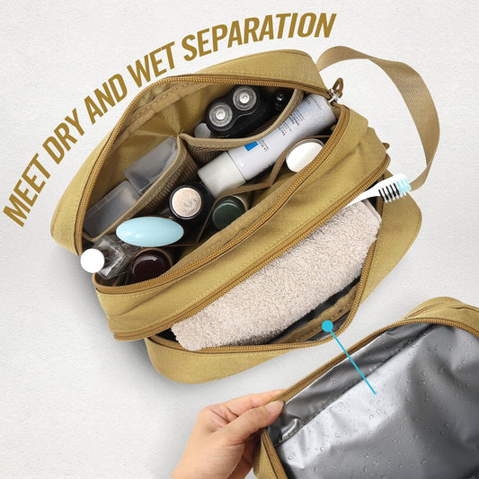 YAEISM Toiletry Bag for Men Travel Bag, Three Layer Dry Wet Separate Travel Toiletry Bag Water-Resistant Shaving Bag Molle Dopp Kit for Men Women for Travel (Brown)