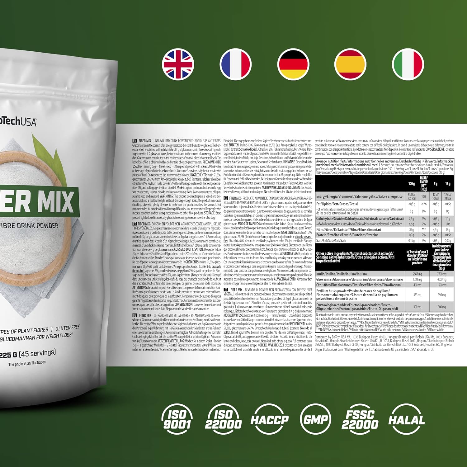 BioTechUSA Fiber Mix, Drink Powder with Different Types of Plant fiber