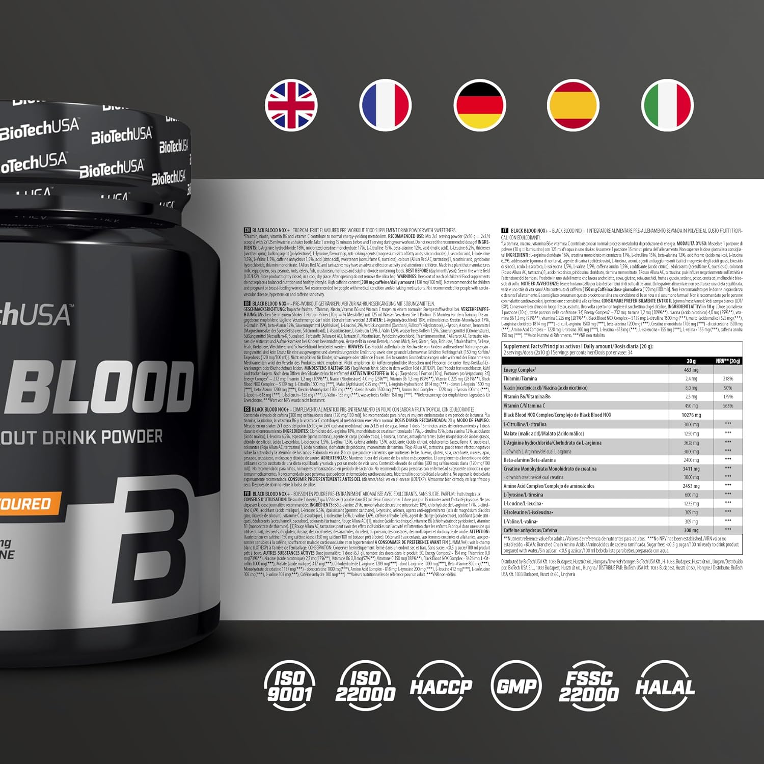 BioTechUSA Black Blood NOX+, Extreme pre-Workout Drink Powder containi