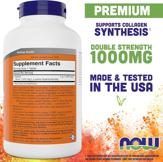 NOW Foods L-Lysine 1000mg - Double Strength - 300 Tablets - Non-GMO Amino Acid Supplement (Llysine Hydrochloride)- 1000 mg Tabs - Vegan/Vegetarian