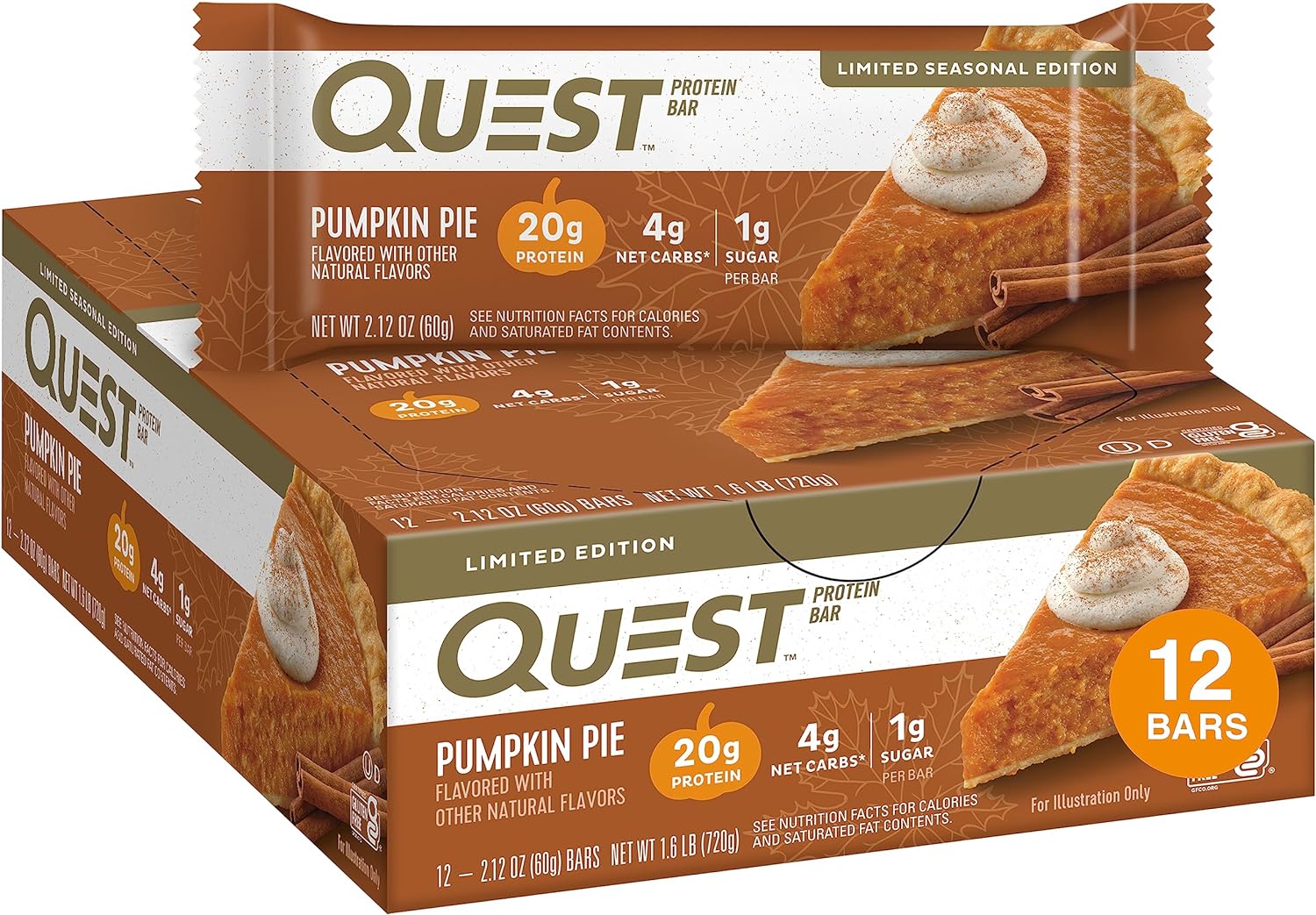 Quest Nutrition Pumpkin Pie Protein Bar, 20G Protein, 4G Net Carb, 1G 1.59 Pounds