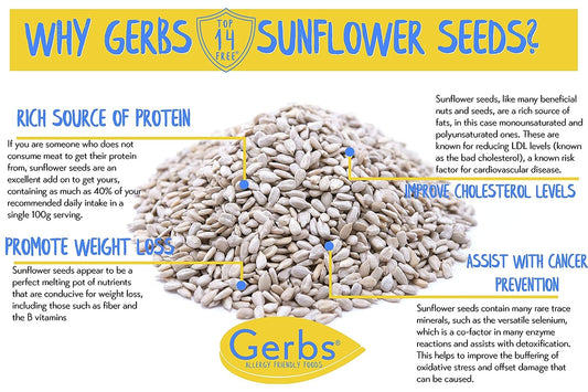 GERBS Raw Sunflower Seed Kernels No Shell Top 14 Allergy Free Foods, Healthy Superfood Snack, Non GMO, No Oils, No Preservatives, Resealable Bag, Gluten Free, Peanut Free, Vegan, Keto, Kosher