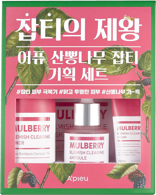 A'PIEU Mulberry Blemish Clearing Ampoule (Set) - Blemish Clearing Skincare set - Toner, Cream, Ampoule, and Bonus -K-BEAUTY