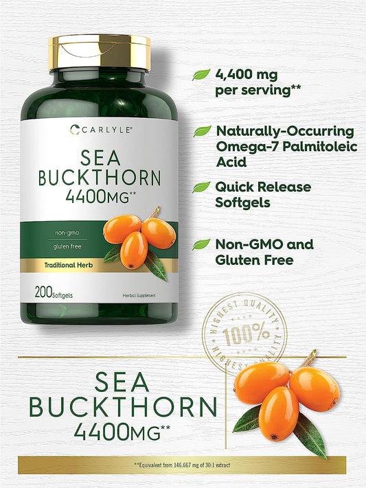 Sea Buckthorn Oil Capsules 4400mg | 200 Softgels | Non-GMO, Gluten Free | Sea Buckthorn Berry Oil Supplement | by Carlyl