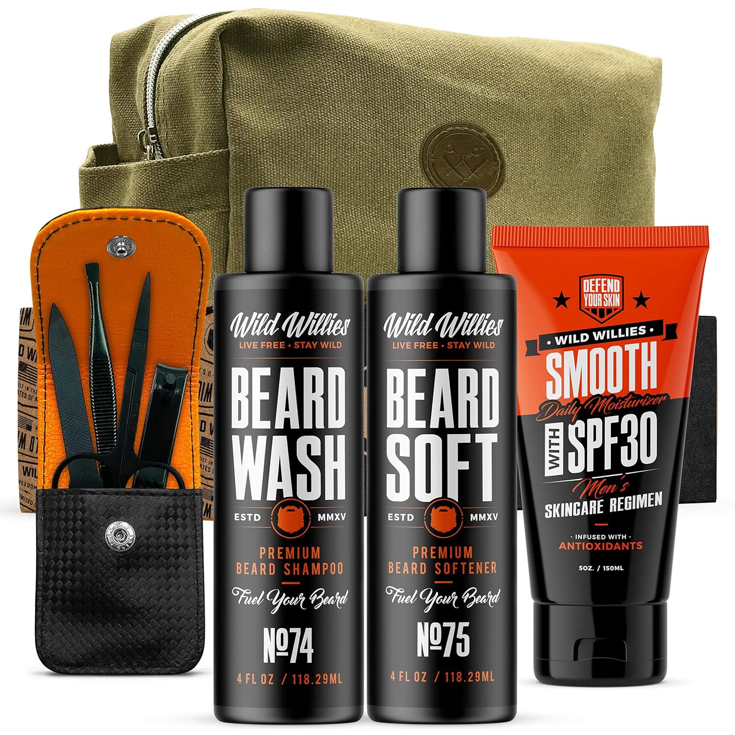 7-Piece Beard Shampoo & Conditioner Set - The Rebel Gift Set by Wild Willies - Includes Smooth SPF 30 Daily Facial Moisturizer, Nail Grooming Kit & Travel Bag