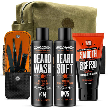 7-Piece Beard Shampoo & Conditioner Set - The Rebel Gift Set by Wild Willies - Includes Smooth SPF 30 Daily Facial Moisturizer, Nail Grooming Kit & Travel Bag