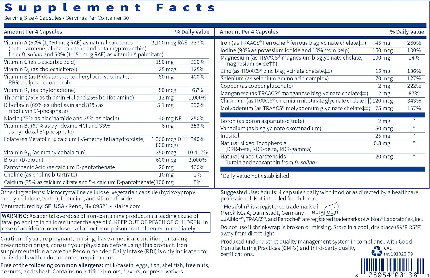 Klaire Labs Vitalactiv - Bariatric Multivitamin & Mineral Supplement, 