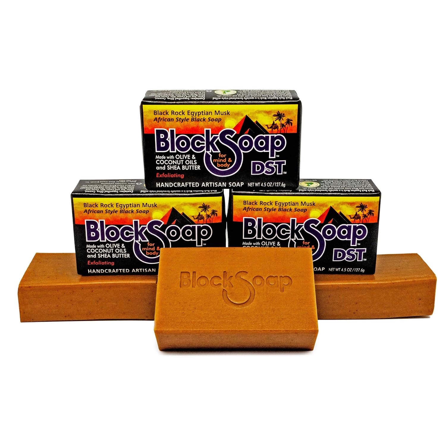 DST For Darker Skin Tones African Style Artisan Black Bar Soap with Sea Salt, Olive Oil, Coconut Oil and Shea Butter - Black Rock Egyptian Musk 3-Pack (4.5 each)