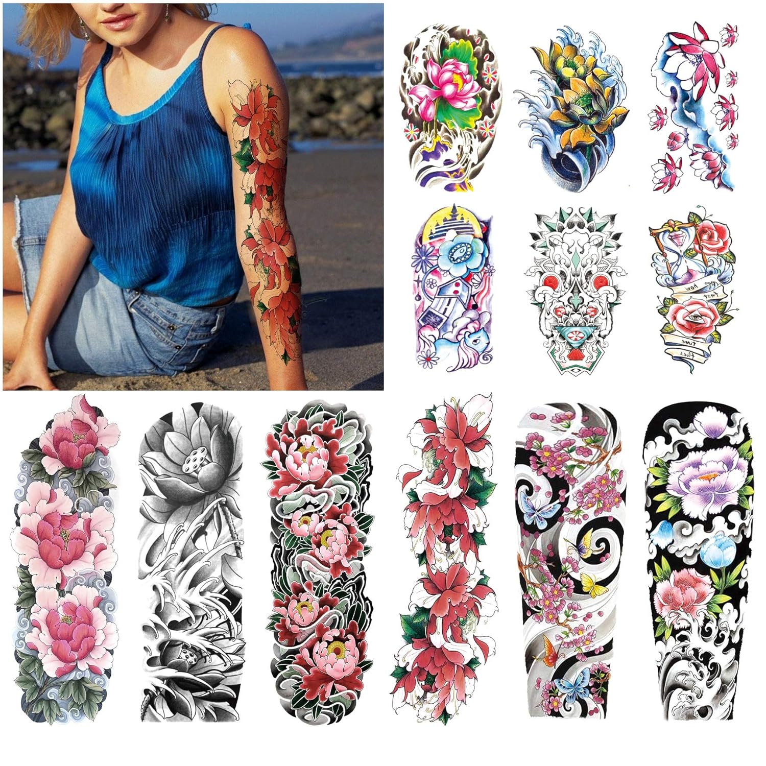 Kotbs 12 Sheets Full Arm Temporary Tattoo, Sexy Temporary Tattoos for Men Women Girls owers, Waterproof Full Arm and Half Arm Sleeves Body Tattoo Stickers