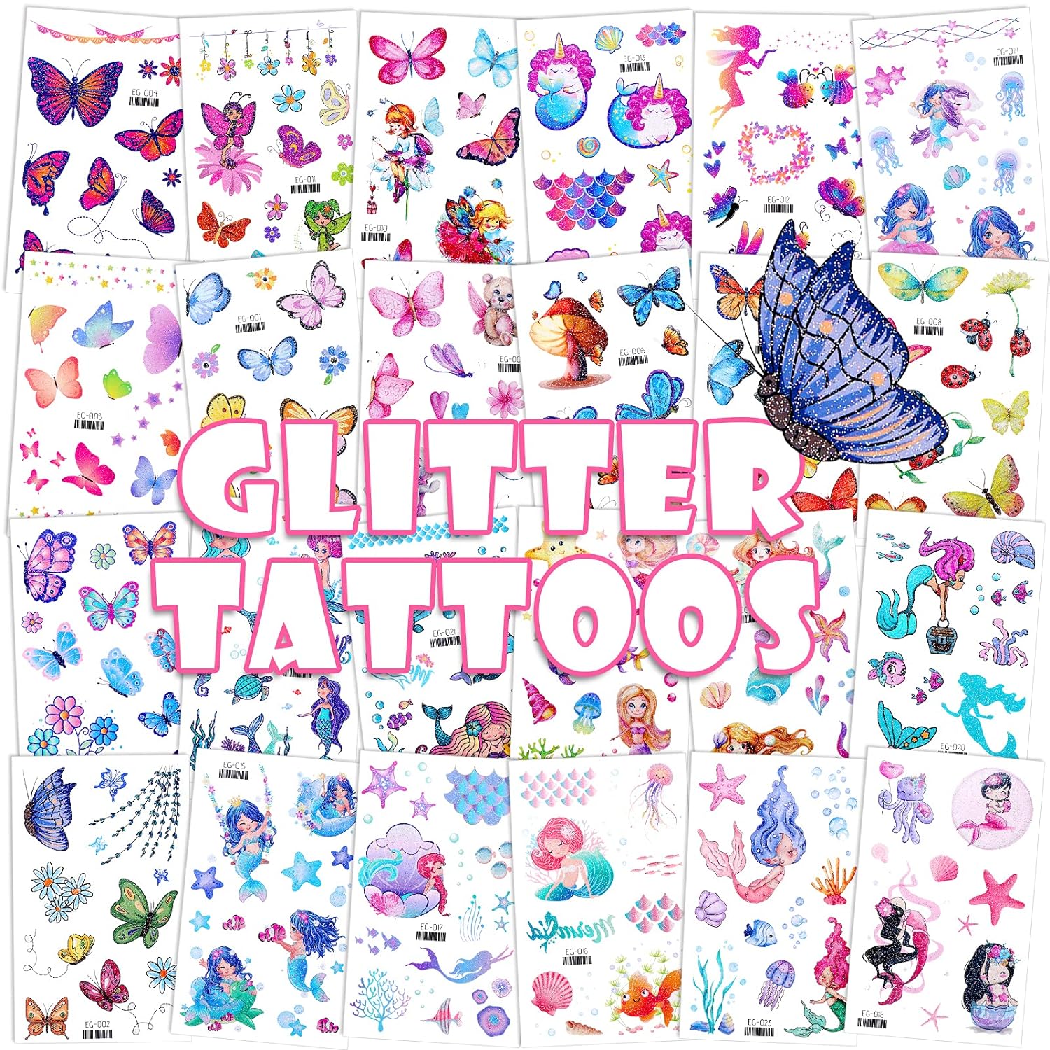 Konsait Glitter Temporary Tattoo for Girls, 24 Sheets Buttery Mermaid Fairy owers Tattoo Stickers for Kids, Waterproof Fake Tattoos for Birthday Party Favors Goodie Bags Stuffers Party Fillers