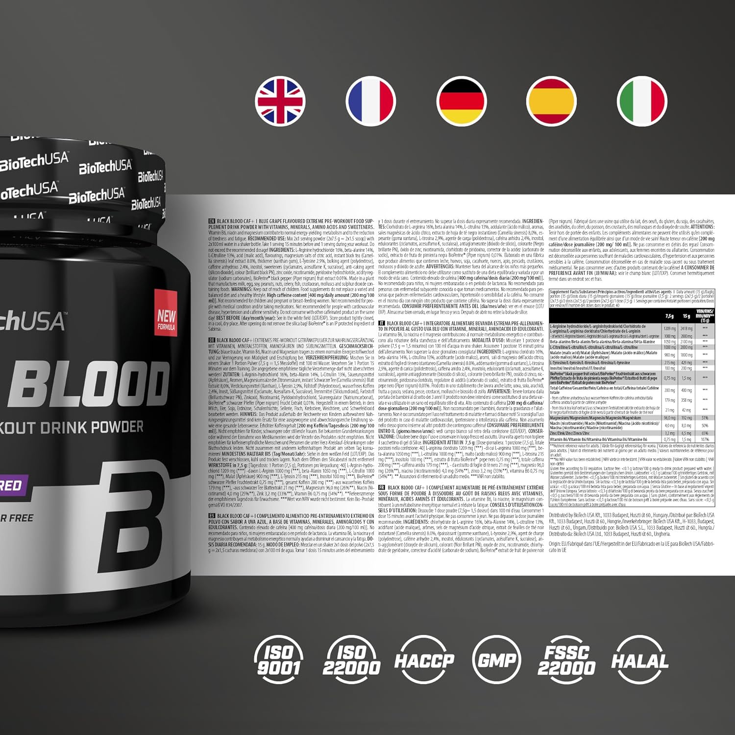 BioTechUSA Black Blood CAF+ Preworkout Drink Powder with 12 Active Ing
