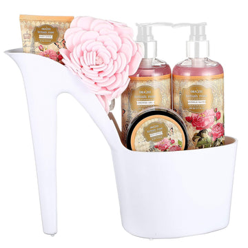 Draizee Heel Shoe Rose Scented Home Relaxation Fragrance Spa Gift Basket Set for Woman Bath and Body Basket 5 Pcs Body Lotion & Butter, Shower Gel, Bubble Bath Mothers's Gift for Wife Girlfriend
