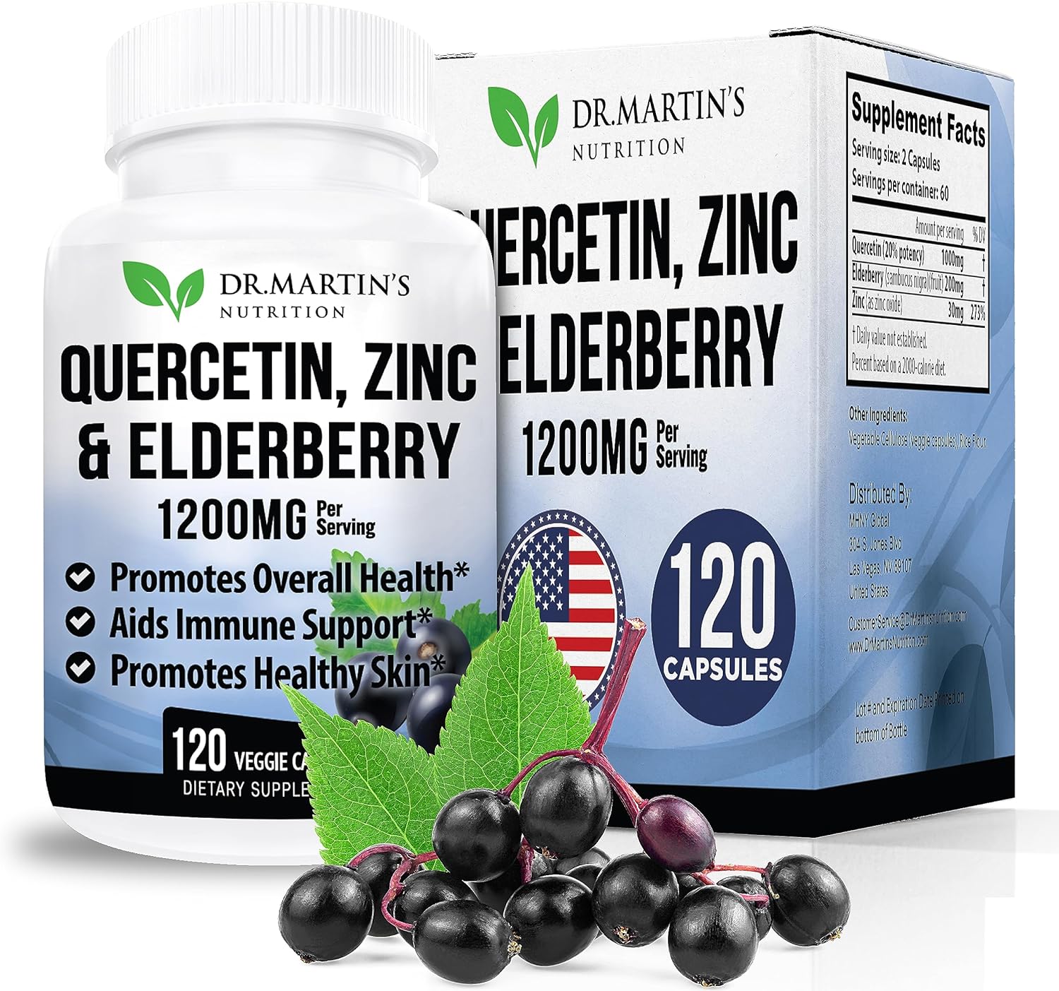 DR. MARTIN'S NUTRITION Quercetin 1200mg | with Zinc & Elderberry | Sup