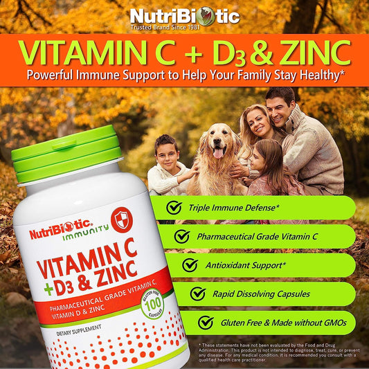 NutriBiotic ? Vitamin C + Vitamin D3 & Zinc, 100 Capsules | Potent, Co