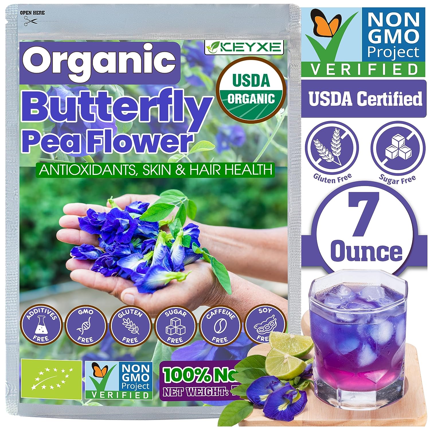 Premium Butterfly Pea Flowers For Tea, 200+ Cups Butterfly Pea Tea, Whole Flowers, USDA Organic Certificate, Non GMO Verified, Sugar Free, Gluten Free, Pure, Caffeine Free, Vegan , Rich in Antioxidants