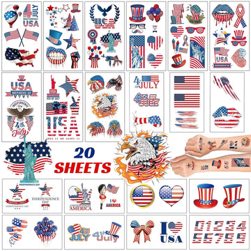 Masper 20 Sheets 4th of July Tattoos, 80 Patriotic Tattoos Temporary, USA Temporary Tattoos, American ag Red White and Blue Tattoos, USA Face Tattoos