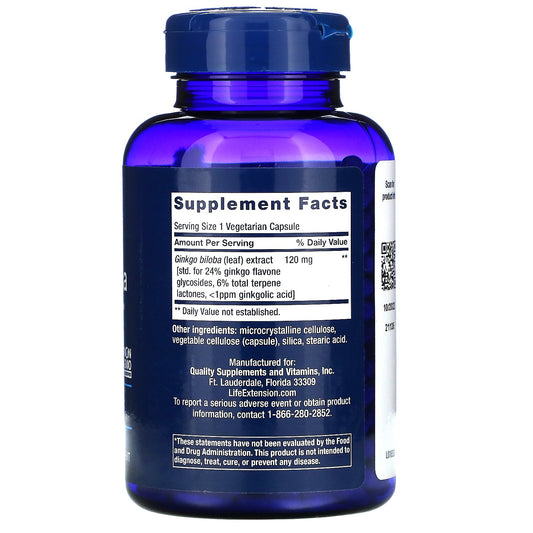 Life Extension, Ginkgo Biloba, Certified Extract, 120 mg, Vegetarian Capsules