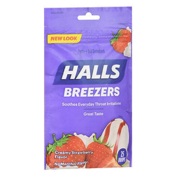 Halls Breezers Throat Drops Cool Creamy Strawberry 25 Tabs B