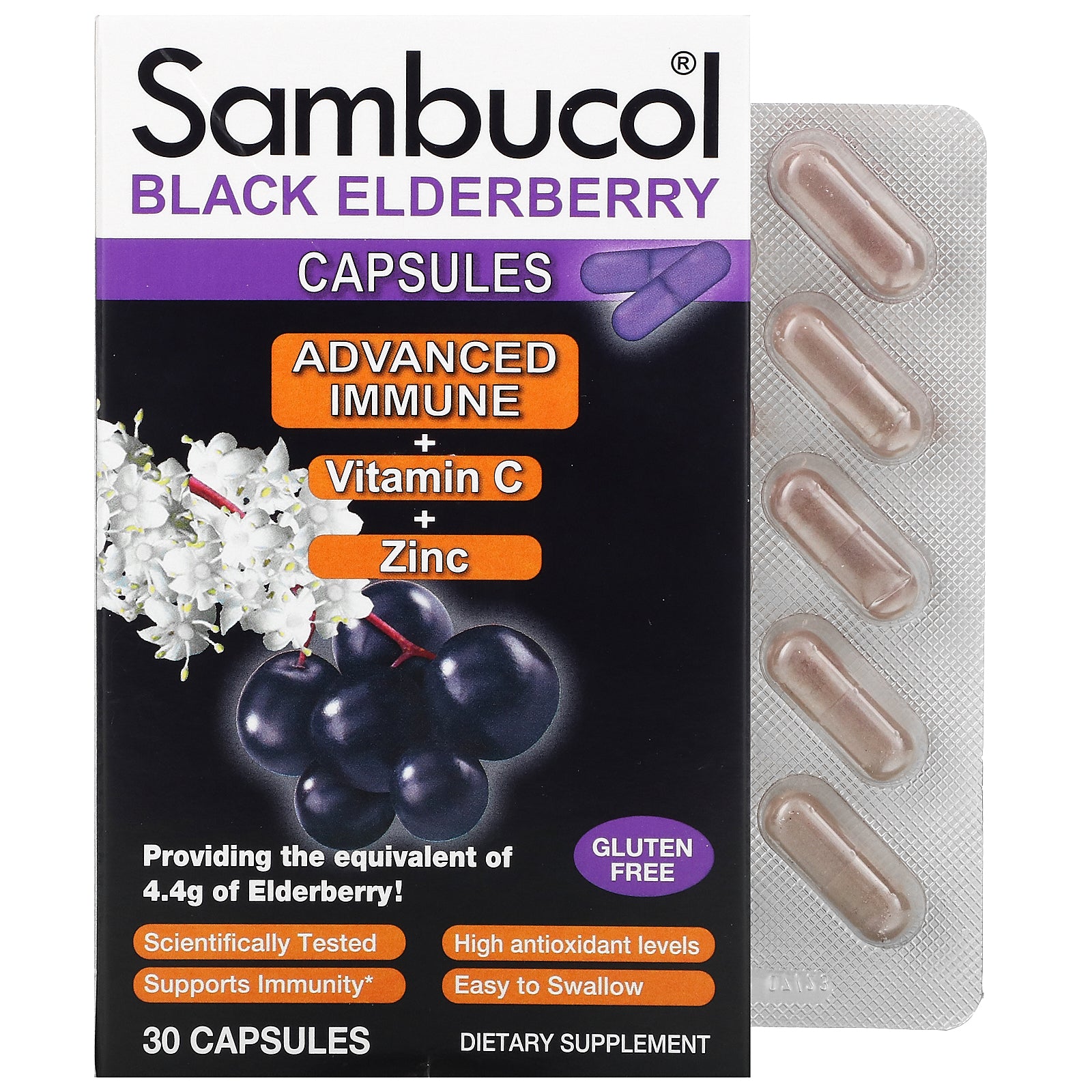 Sambucol, Black Elderberry Capsules, Advanced Immune + Vitamin C + Zinc,  Capsules