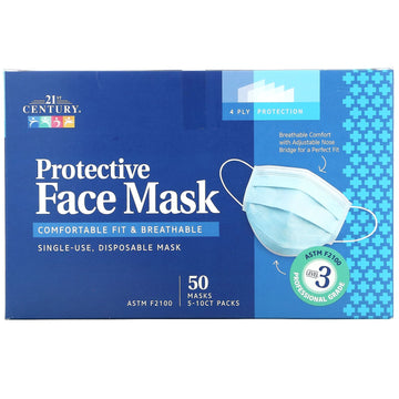 21st Century, Protective Face Mask, ASTM F2100, Single Use Disposable Masks, 5-10 ct Packs