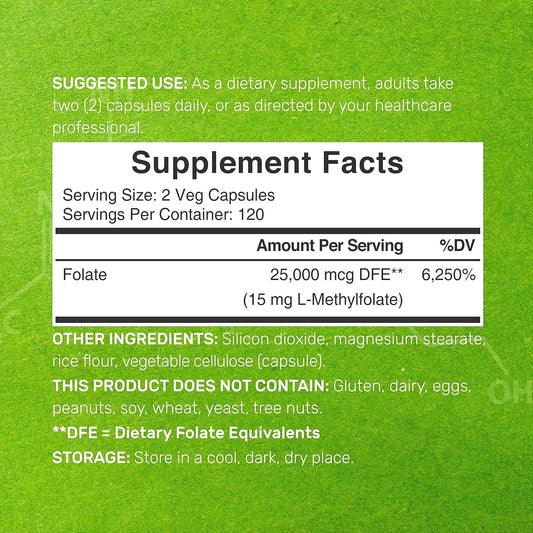 L Methylfolate 15Mg Per Serving, 240 Veggie Capsules  Active Folic Ac