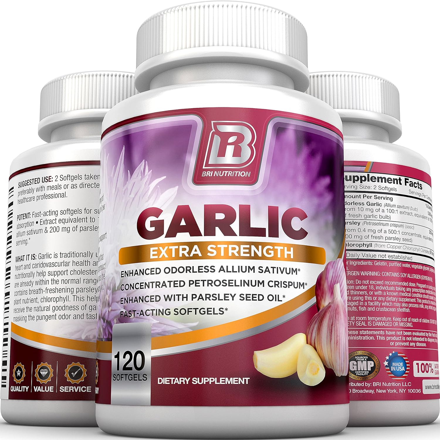BRI Nutrition Odorless Garlic - 120 Softgels - 1000mg Pure and Potent 