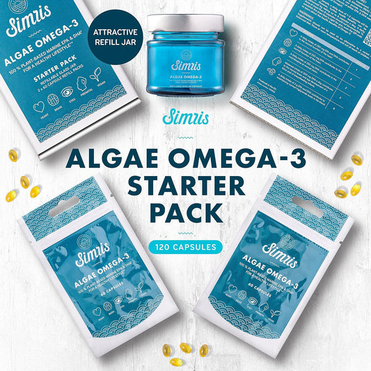 Simris Algae Omega 3. 120 Softgels - EPA DHA Plant Based Vegan Omega3 Supplement - No Fish Oil - for Brain, Joint, Heart