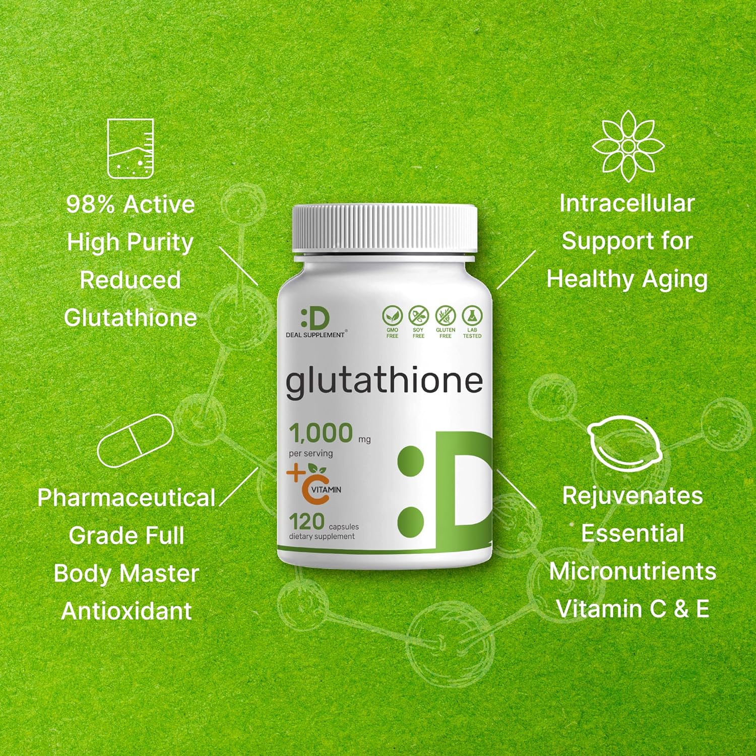 Glutathione Supplement 1,000mg Per Serving, 98% Purity | Plus Vitamin 