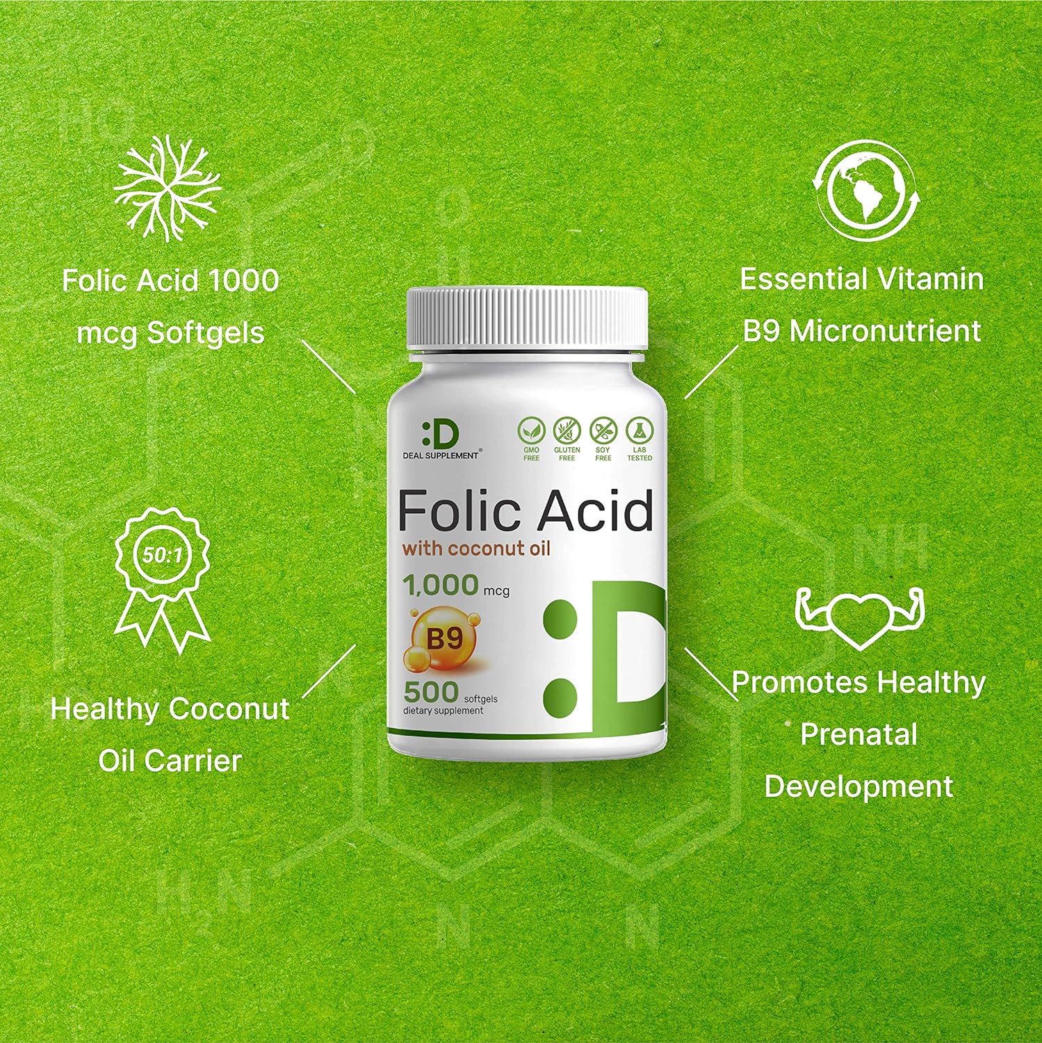 DEAL SUPPLEMENT Folic Acid 1000 mcg (1 mg), 500 Coconut Oil Softgels |